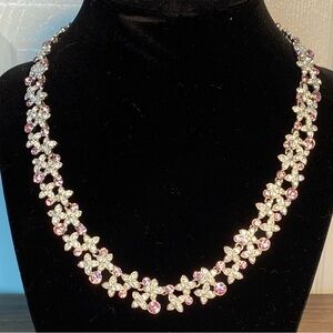 Silver Toned Floral Pink and White Crystal Necklace